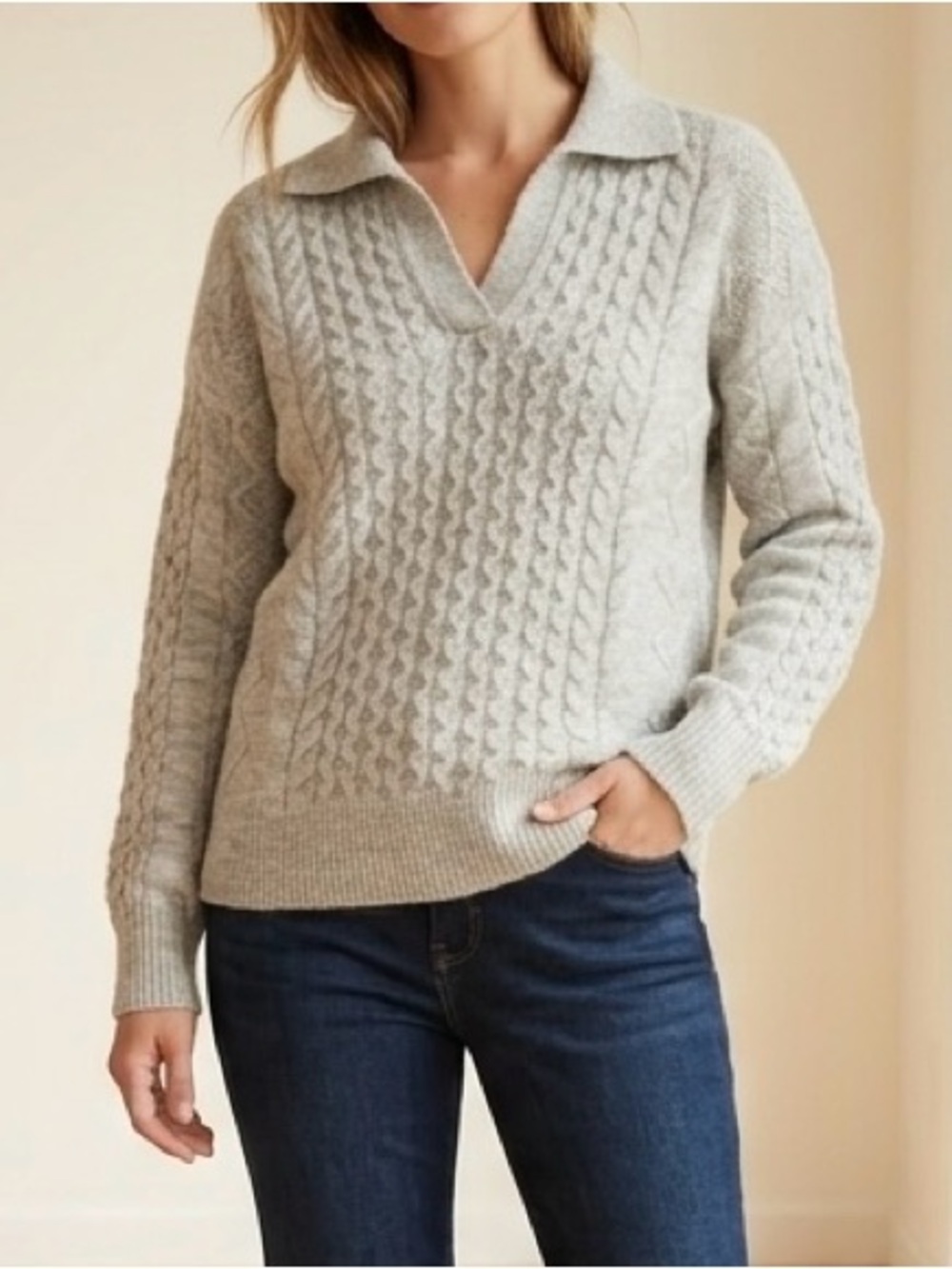 Caslon Mixed Stitch Polo Sweater Gray XS Cable Knit V-Neck Open Collar Boho